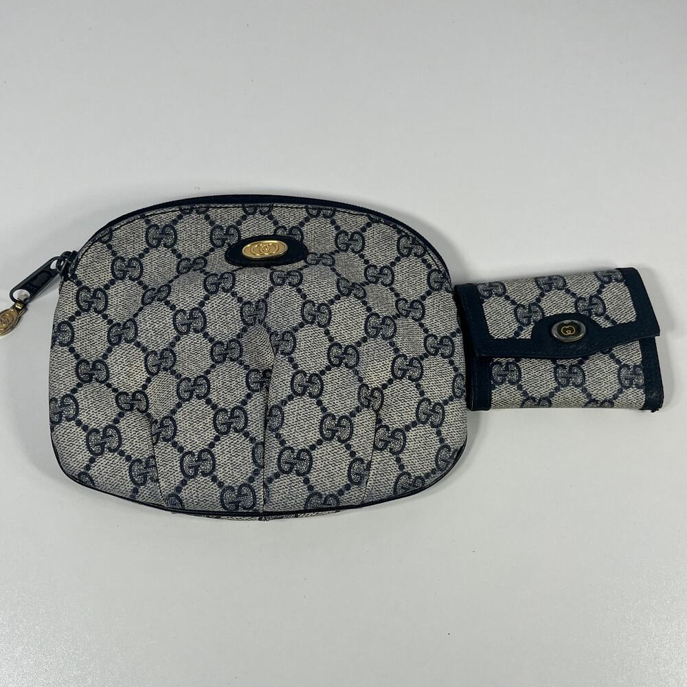 Vintage GUCCI Ophidia Pouch Key Holder Set Blue Leather 2-Piece Set‎ Designer